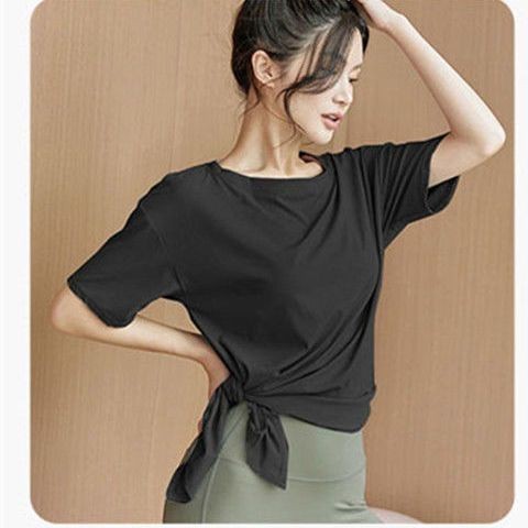 [WDF] กีฬาแขนสั้นเสื้อยืดผู้หญิงหลวมแห้งเร็ววิ่งการฝึกอบรมฟิตเนสโยคะเสื้อผ้าระบายอากาศบางรอบคอ