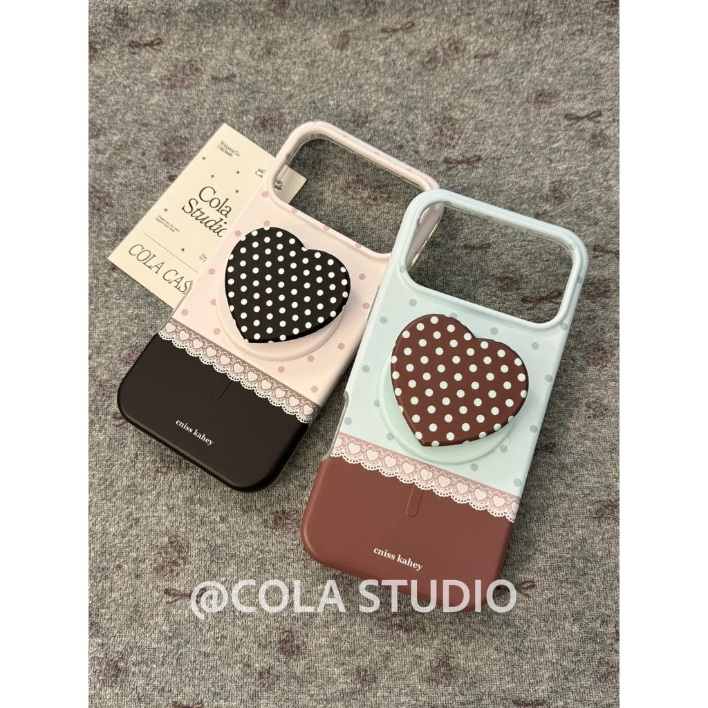 เคสโทรศัพท์ 2-in-1 Magnetic Film Lace Polka Dot Heart สไตล์เกาหลีกันกระแทกสําหรับ iPhone 17 Pro Max 17 Pro 16 Pro Max 16 Pro 15 Pro Max 15 Pro