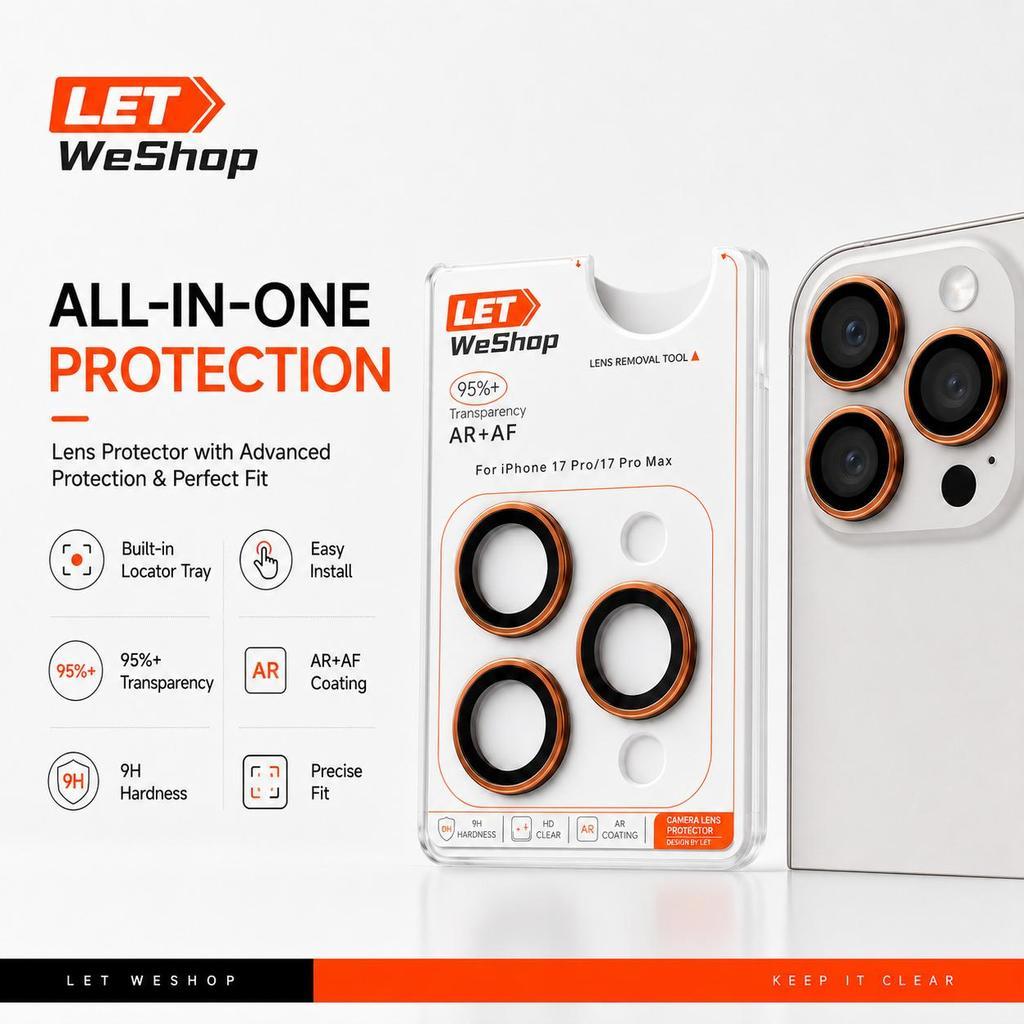 Let-WeShop วงแหวนกันรอยเลนส์กล้อง สำหรับ iPhone 11/12/13/14/15/16/17 Series ติดตั้งง่าย มีตัวช่วยจัดตำแหน่ง AR+AF