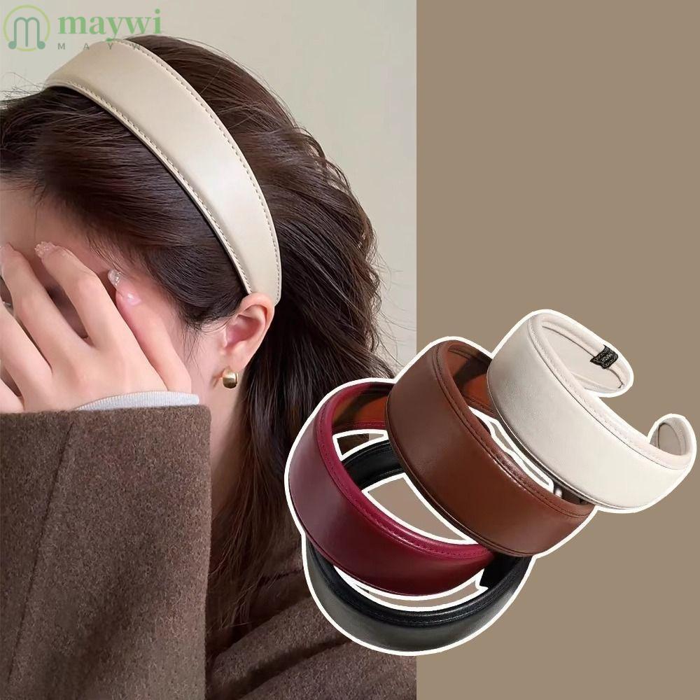 MAYWI ที่คาดผมผ้าโพกหัว PU หนัง Wide Headband เกาหลี Retro กันลื่น ผู้หญิง Elegant