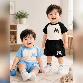 สินค้ามาใหม่ชุดเซ็ตเสื้อแขนสั้น กางเกงขาสั้น เนื้อผ้าใส่สบาย พิมพ์ลายตัวM สําหรับเด็กเล็กNEW💯