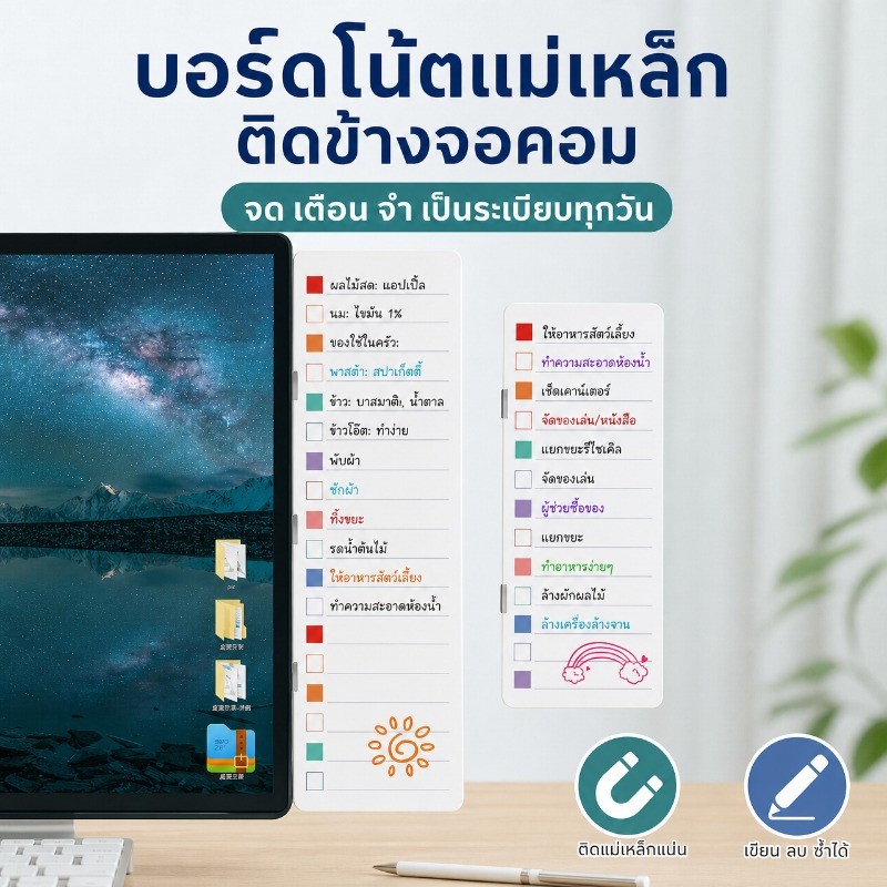 ไวท์บอร์ดแม่เหล็ก เขียนลบได้ ติดข้างจอคอม/จอมอนิเตอร์ แผ่นโน้ตเตือนความจำ ใช้งานง่าย
