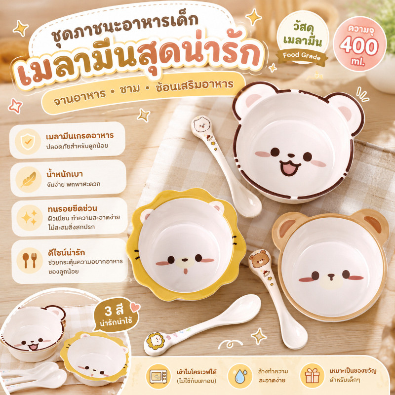 ชุดจานข้าวเด็ก 2ชิ้น ชุดชามสำหรับเด็ก ชาม+ช้อน ลวดลายน่ารัก วัสดุปลอดภัย กันตก ทำความสะอาดง่าย จานเด็ก