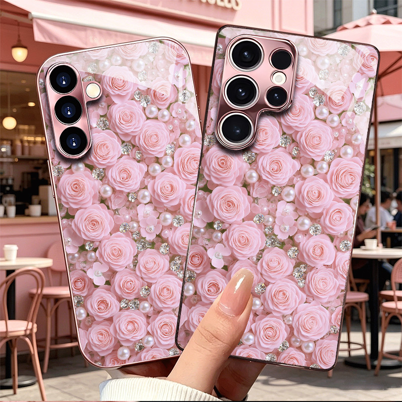 เคส samsung S26ultra S25ultra S24FE S23 S22 S21 S20 Ultra Plus FE Edge A56 A55 A36 A35 A25 A16 ปกแข็งสีชมพูชุบไฟฟ้าหรูหรา เคสโทรศัพท์กันกระแทก ลวดลายดอกกุหลาบมุก