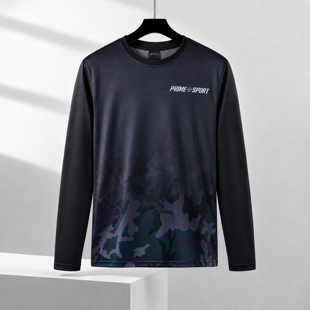 เสื้อแขนยาวผู้ชายสไตล์สปอร์ต คอกลมสีดำลายพราง สำหรับวิ่ง ออกกำลังกาย ฟิตเนส เทรนนิ่งและใส่ลำลอง