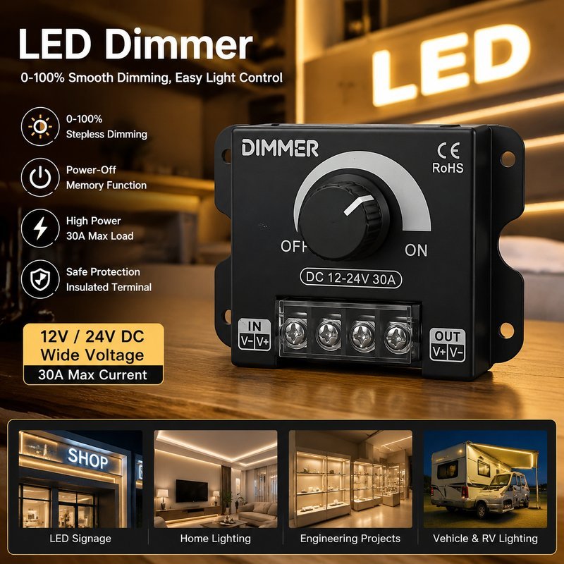 สวิตช์หรี่ไฟ DC มีหน่วยความจำ LED Dimmer 12-24V 30A แบบลูกบิด ใช้งานง่าย กลับสู่ระดับที่ตั้งไว้เมื่อเปิดใหม่