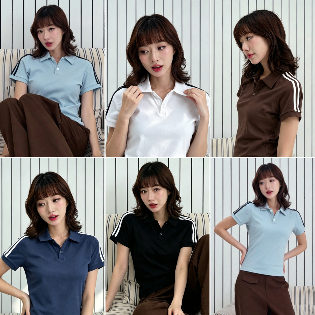 Bella Shop เสื้อโปโลผู้หญิง สื้อโปโลแขนสั้นทรงสลิมฟิต แถบข้าง แฟชั่นย้อนยุค แต่งตัวง่าย