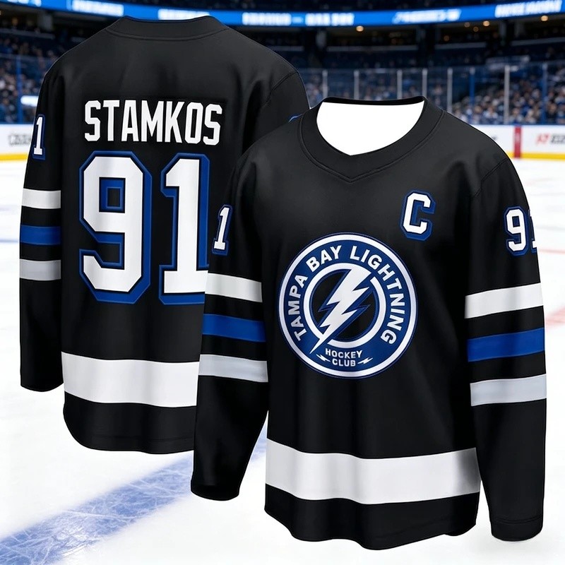 2026 Mens New Ice Hockey Training Suit - Lightning Series 3D พิมพ์สีดําแขนยาว Moisture-Wiking Sports