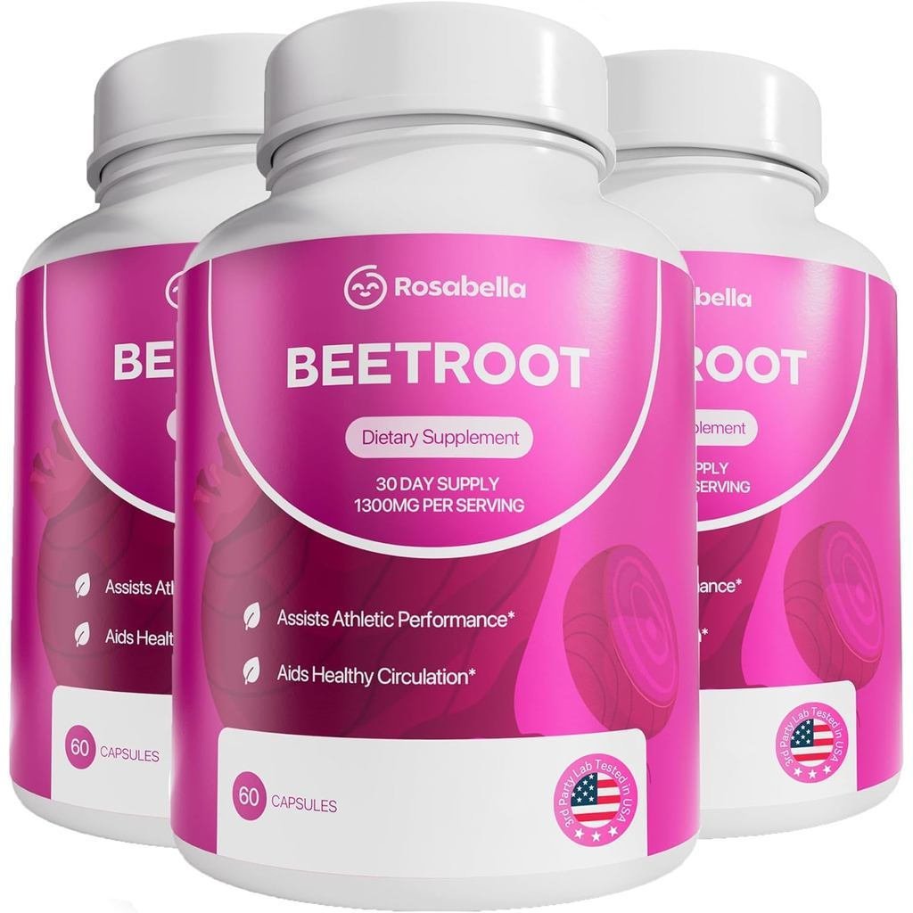 Rosabella Organic Beet Root Capsules-1300mg ผงบีทรูทช่วยส่งเสริมการไหลเวียนและพลังเพื่อสุขภาพ,Non-Tr