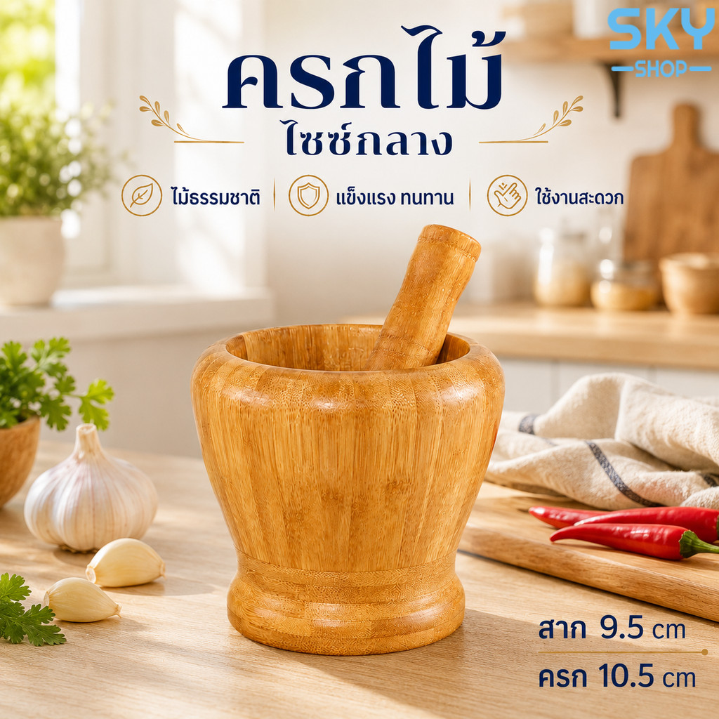 SKY ครกไม้ ขนาด 10.5x10.5 cm. พร้อมสาก ครก ทำจากไม้คุณภาพดี ครกไม้ขนาดพกพา ครกบดยา ครกตำพริก กระเทียม Wooden Mortar