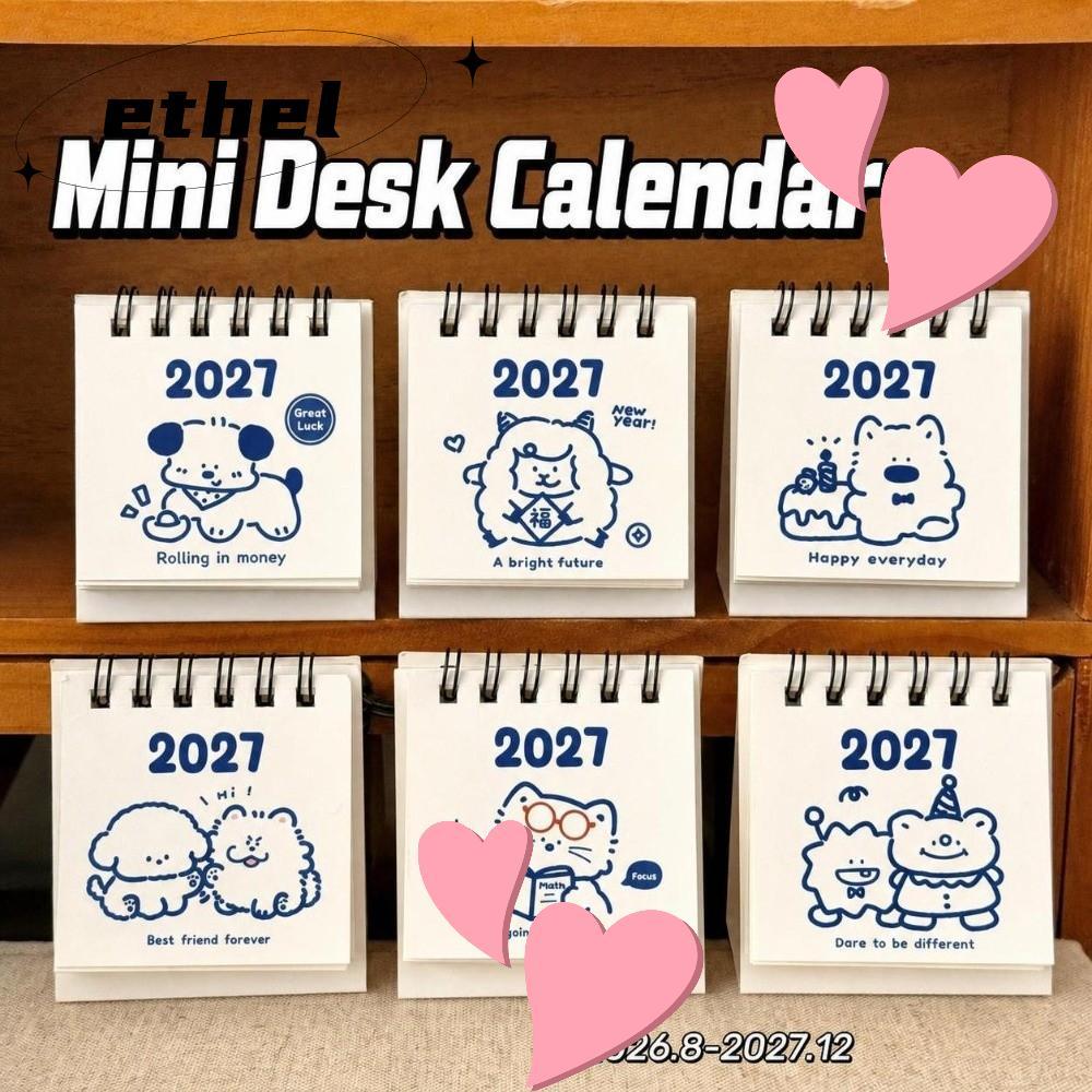 ETHEL Coil Calendar, Mini Portable 2026 ปฏิทินตั้งโต๊ะ, กําหนดตําแหน่งการ์ตูนอุปกรณ์สํานักงานโรงเรีย