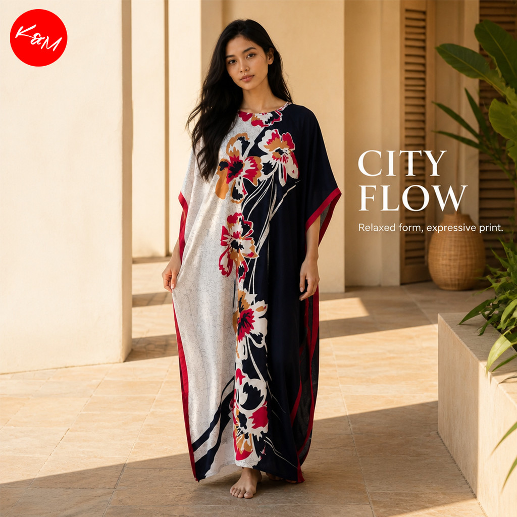 KM Floral Contrast Batwing Kaftan Dress [D5021]