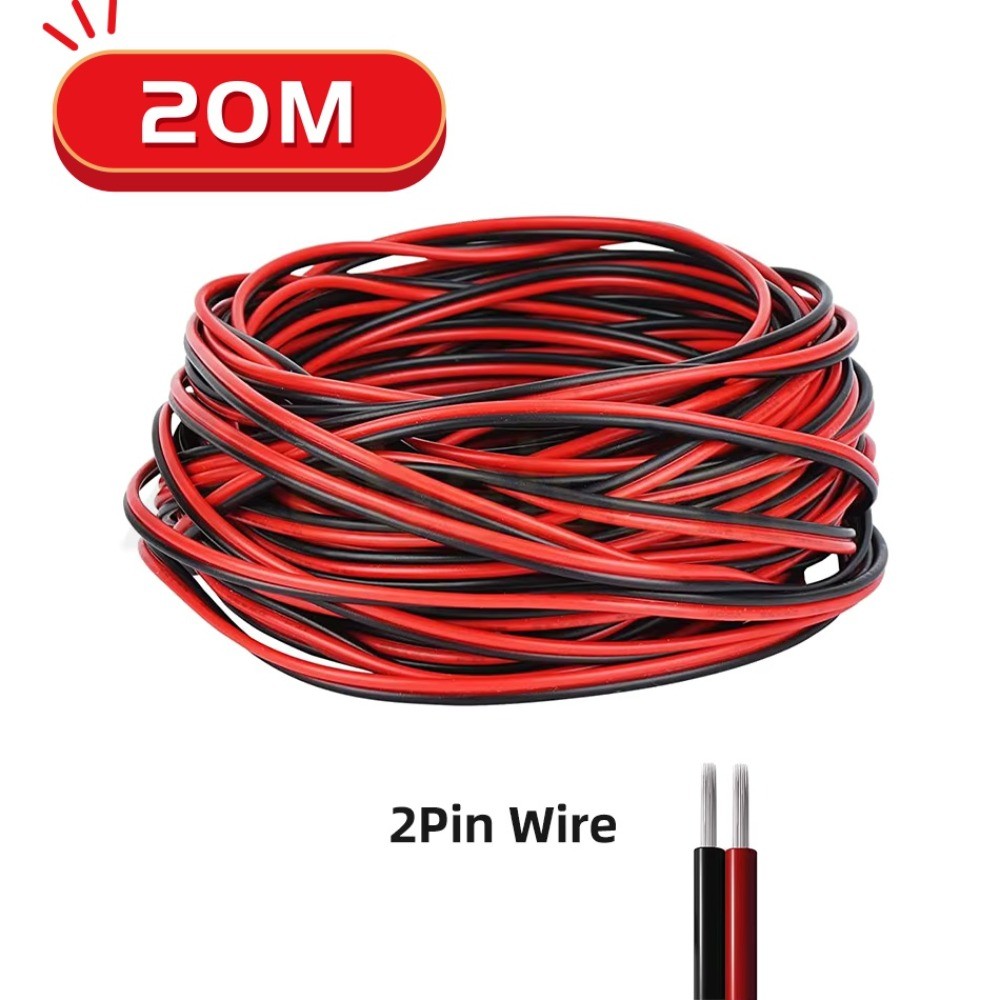2Pin Extension สายไฟ 20M สีแดงสีดําสายเชื่อมต่อ 22 AWG PVC สายทองแดงสําหรับ LED แถบสีเดียว