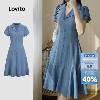 Lovito เดรสสวยหรู ระบายกระดุม สีฟ้า สำหรับฤดูใบไม้ผลิและฤดูร้อน สำหรับผู้หญิง LK3ED102