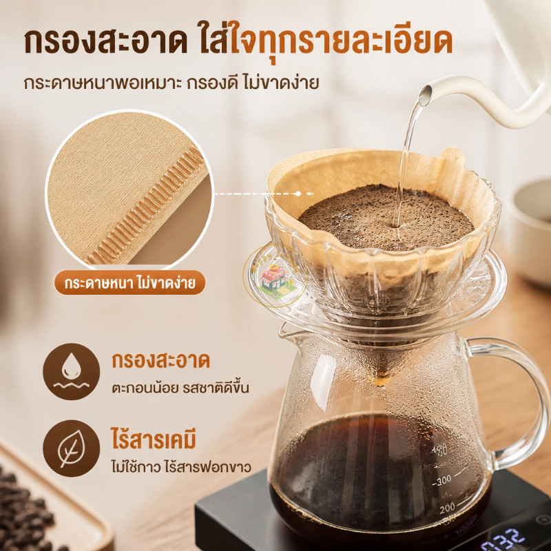 อุปกรณ์ชงกาแฟดริป กระดาษกรองทรงV 50แผ่น ขนาดมาตรฐาน ใช้คู่ดริปเปอร์แก้วเซรามิก กรองสะอาดรสชาติชัดเจน