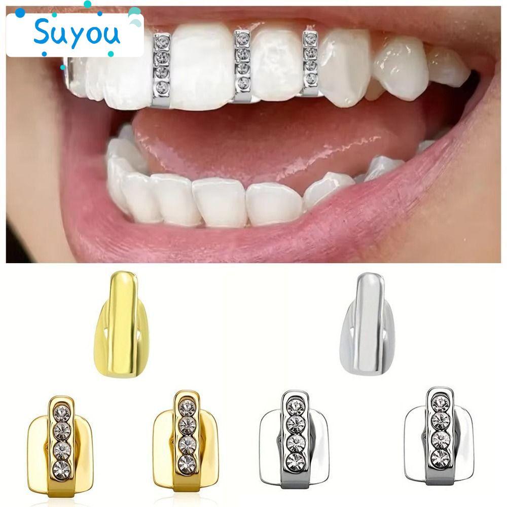 SUYOUPH 3 ชิ้น Hip Hop ฟัน Grillz, เงาเพทาย Rhinestone Grillz, หมวกฟันกลวงผู้หญิงผู้ชาย