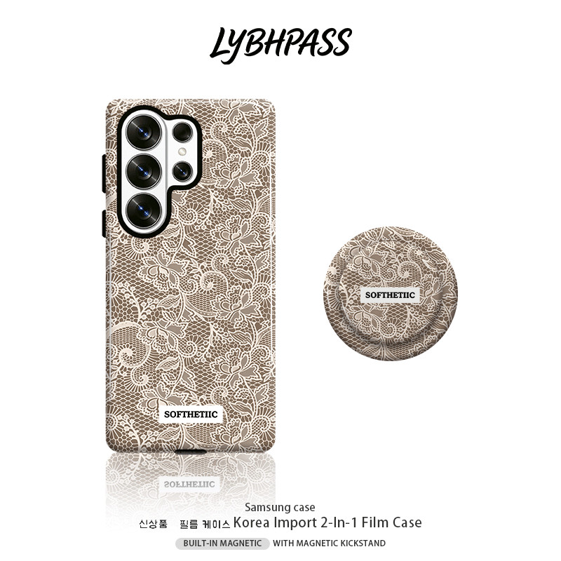 เคสซัมซุง+แม่เหล็ก Griptok MagSafe ลายลูกไม้ สไตล์วินเทจ คลาสสิก โทนสีเบจ 2ชั้น เคส Samsung galaxy s20/s21/s22/s23/s24/s25/s26 fe plsu egde ultra NOTE20 ULTRA 5G 4G เปิดเลนส์ โทรศัพท์ มือถือ case