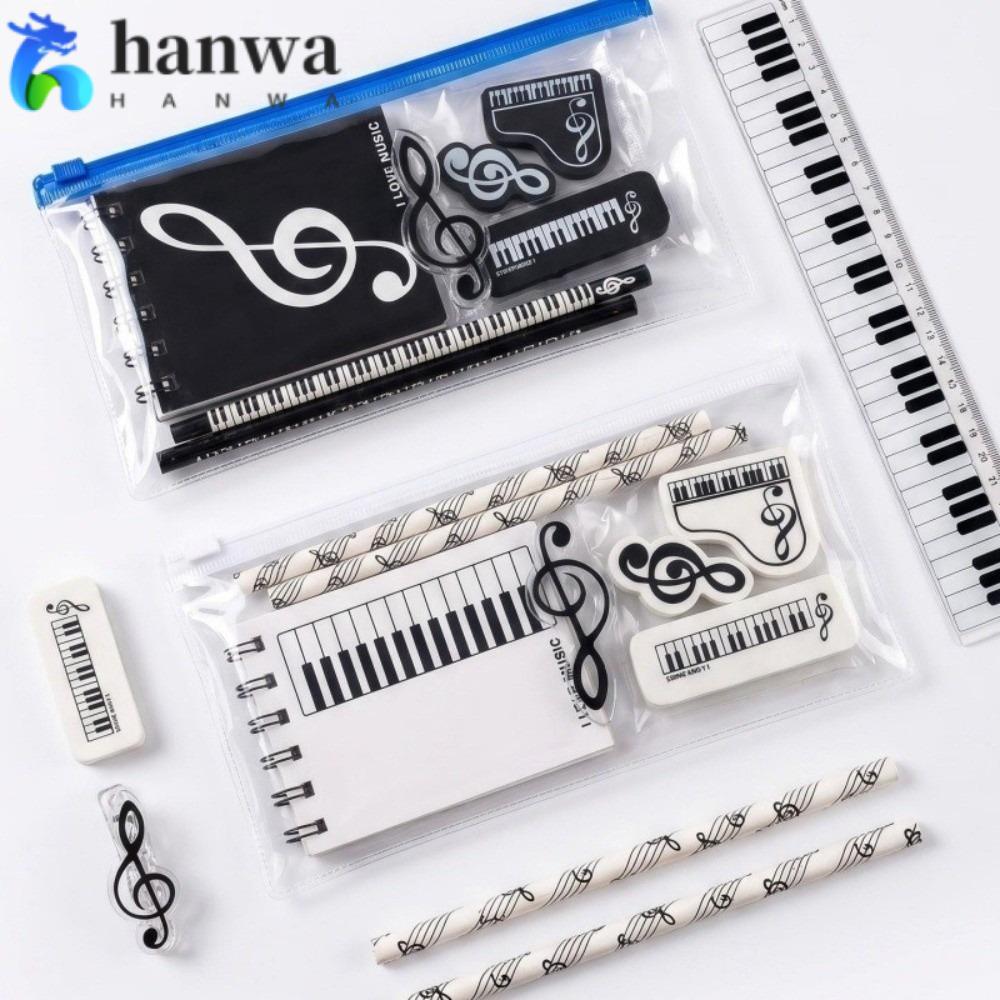 HANWAPH 7/8 ชิ้นชุดเครื่องเขียน, ธีมดนตรีเปียโน Treble Clef พิมพ์ยางลบดินสอ, Kawaii ไม้บรรทัด