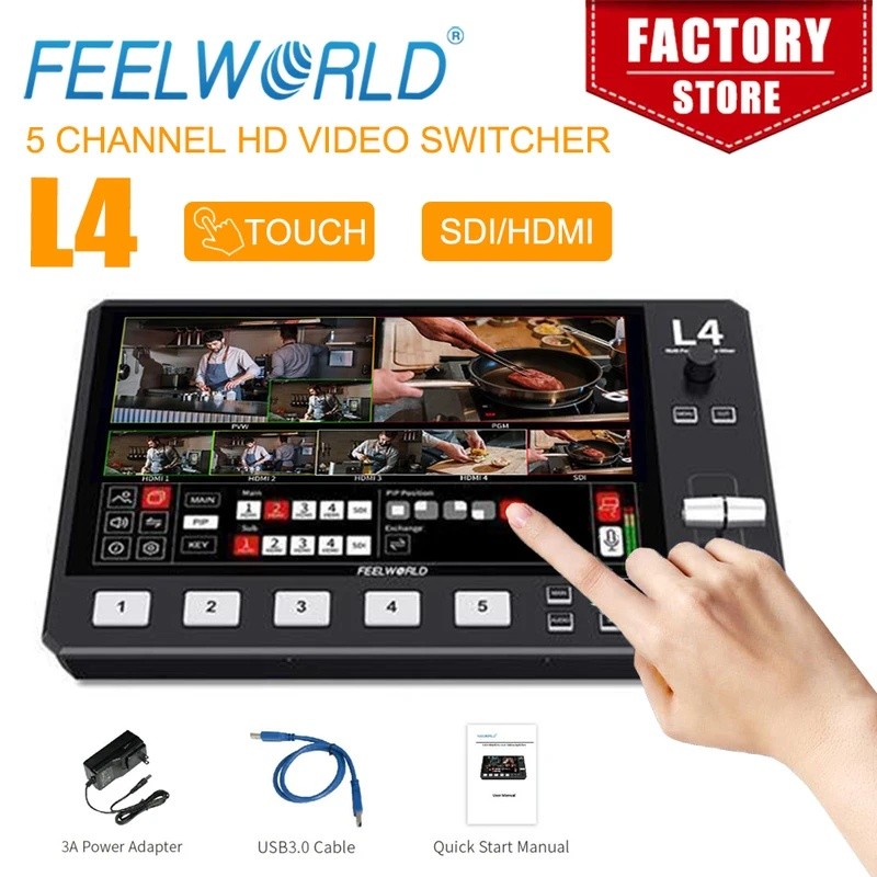 DQU4 FEELWORLD L4 10.1 นิ้ว Multi Camera Video Mixer Switcher พร้อมหน้าจอสัมผัส 4xHDMI 1xSDI อินพุต 