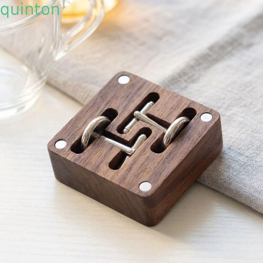 QUINTON วอลนัท Cufflink กล่อง, Flip-top Solid Cufflink Organizer, ของขวัญสําหรับเขาประณีตแม่เหล็กปิด