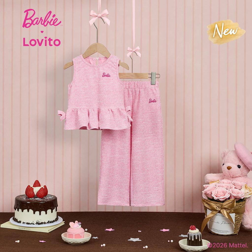 (New Arrival) Barbie™ X Lovito Kids ชุดกางเกงขาสั้นลําลองพร้อมโบว์และระบาย ปักลาย เหมาะสําหรับฤดูใบไม้ผลิและฤดูร้อน สีชมพู สําหรับเด็กหญิง SHBL6PAD036