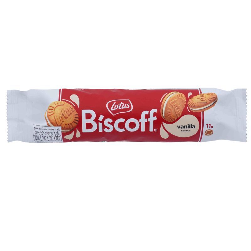โลตัสบิสคอฟแซนวิชบิสกิตวานิลลา 110กรัม Lotus Biscoff Sandwich Biscuit Vanilla 110g. [หมายเลขบาร์โค้ด 5410126676372]