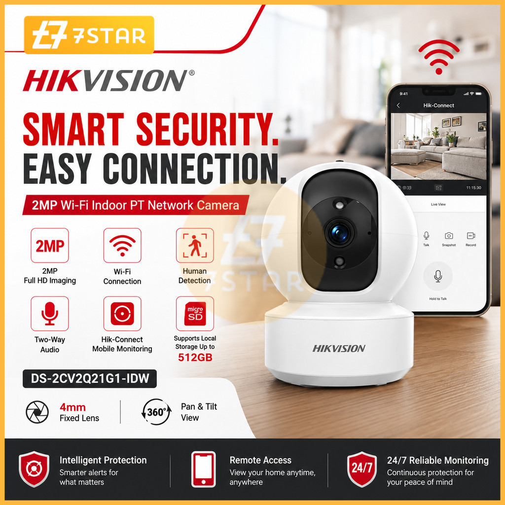 7Star HIKVISION DS-2CV2Q21G1-IDW 2MP WiFi กล้องวงจรปิดในร่ม PT Human Detection Two Way Audio Hik-Con
