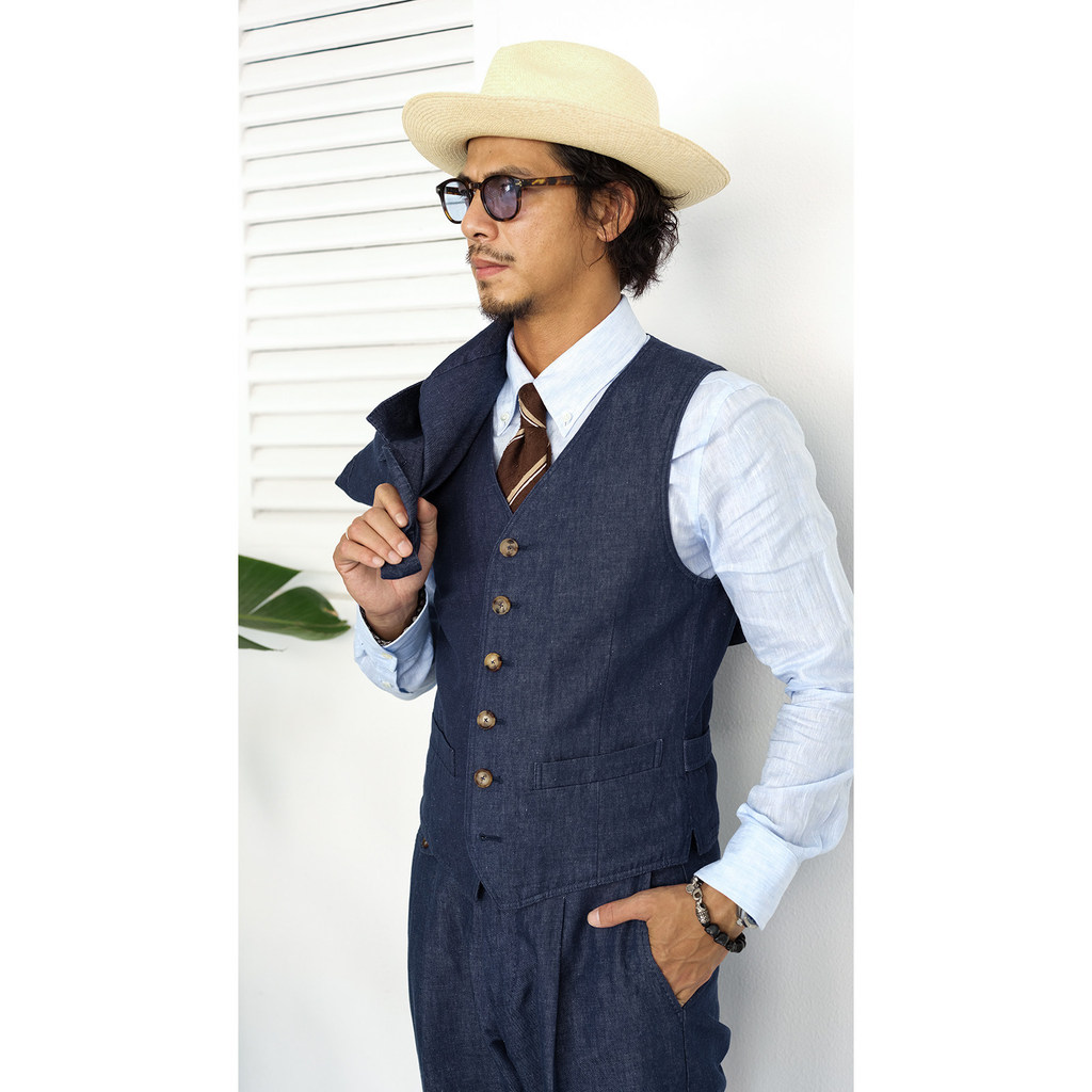 Abilu ฤดูใบไม้ผลิฤดูร้อนเบลเยียมผ้าลินิน Denim Blue Wash Denim NAPOLI ฤดูร้อน Retro สุภาพบุรุษชุดเสื