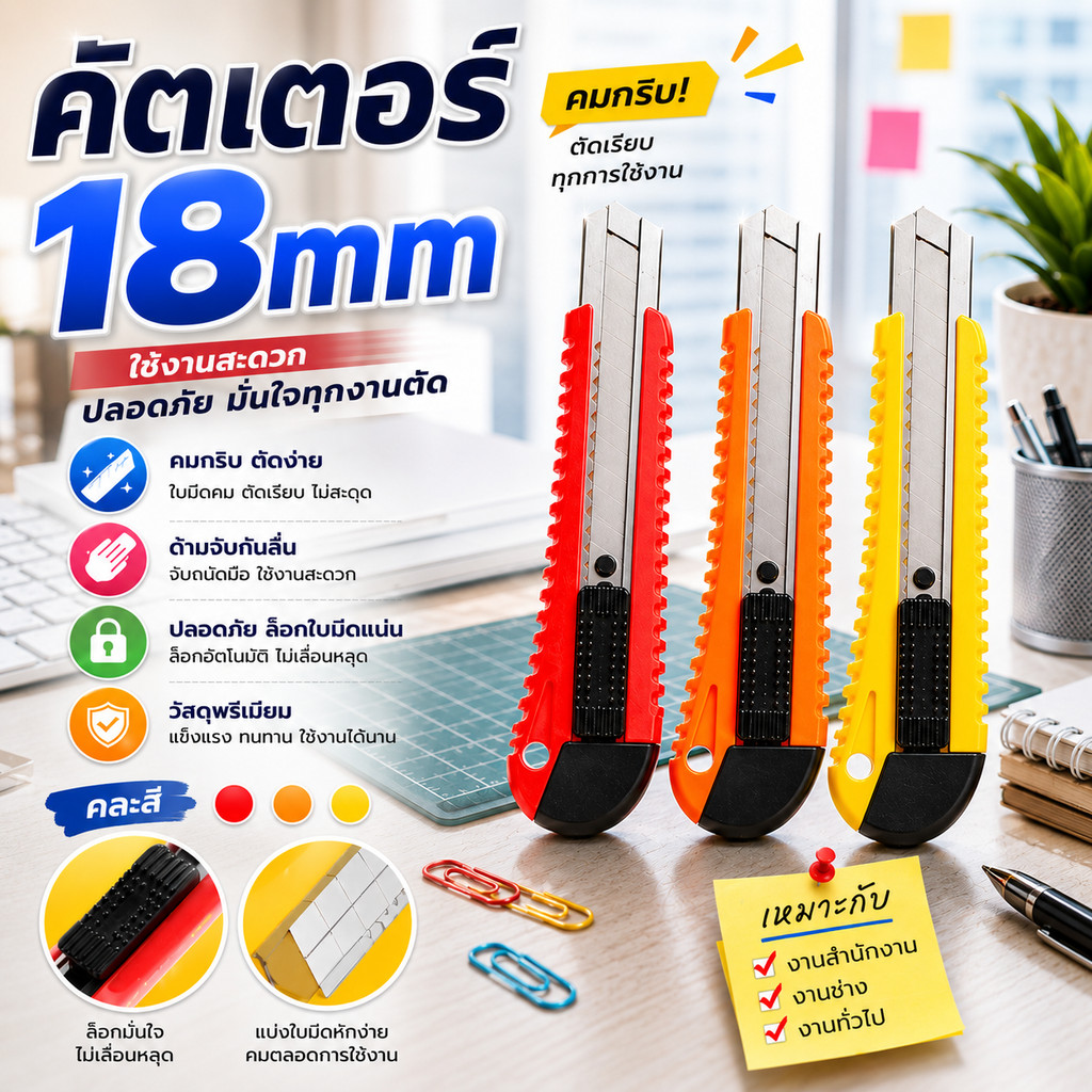 KIKI คัตเตอร์ ใบมีดคัตเตอร์ 18mm ปลอกพลาสติก คละสี คัทเตอร์ เปลี่ยนใบมีดได้ ตัดกระดาษ ตัดโมเดล จับง่าย ถนัดมือ 18mm