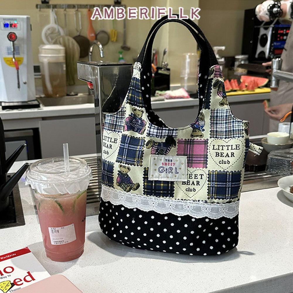 AMBER1FLLK Tote Bags, Denim Plaid INS Sweet Lace Handbag, Korean Canvas Commuting Bags