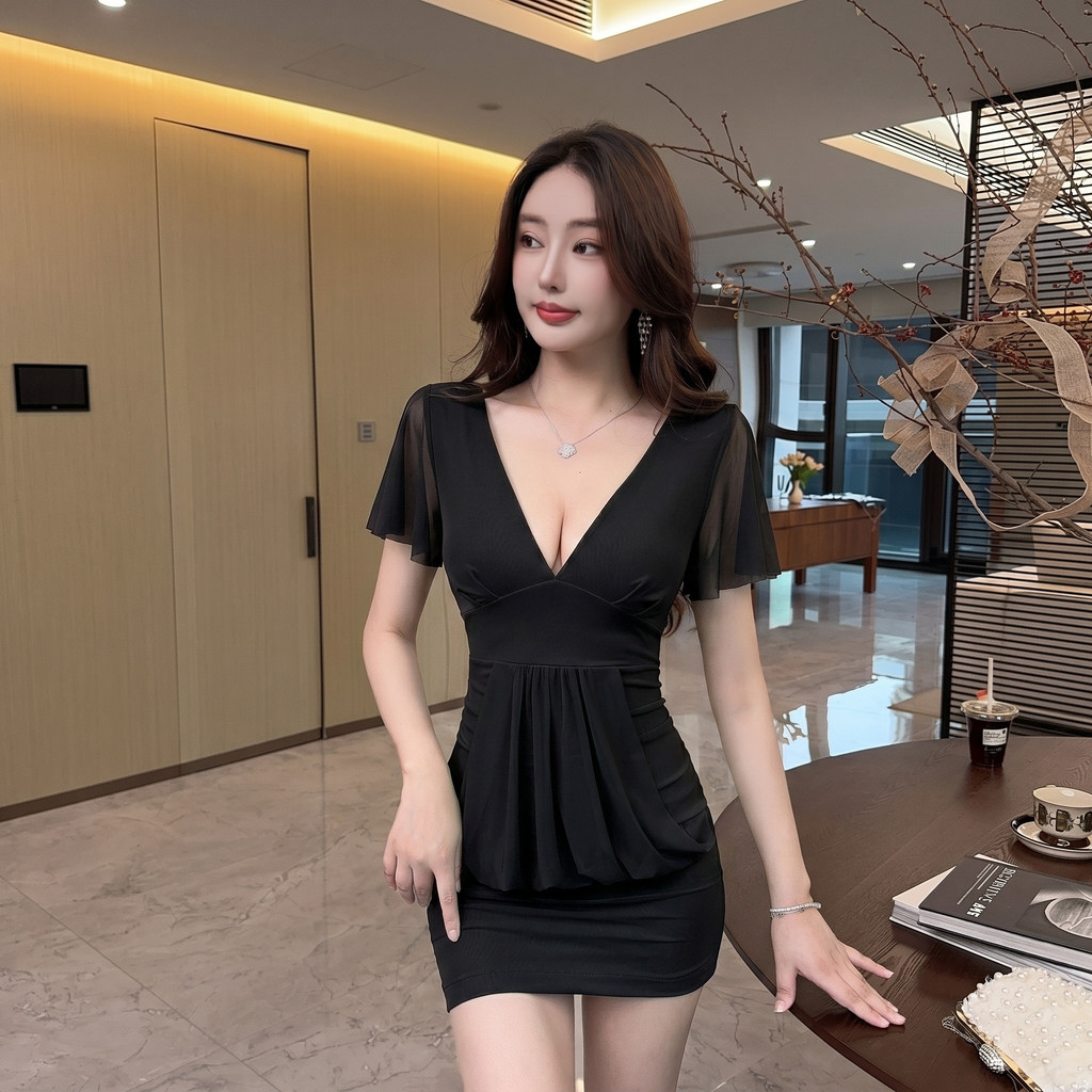 บาร์ KTV Watter Overalls เซ็กซี่ Low-cut v คอผ้าโปร่งแน่นชุด Slim-fit Slimmer ดู Night Club กระโปรง