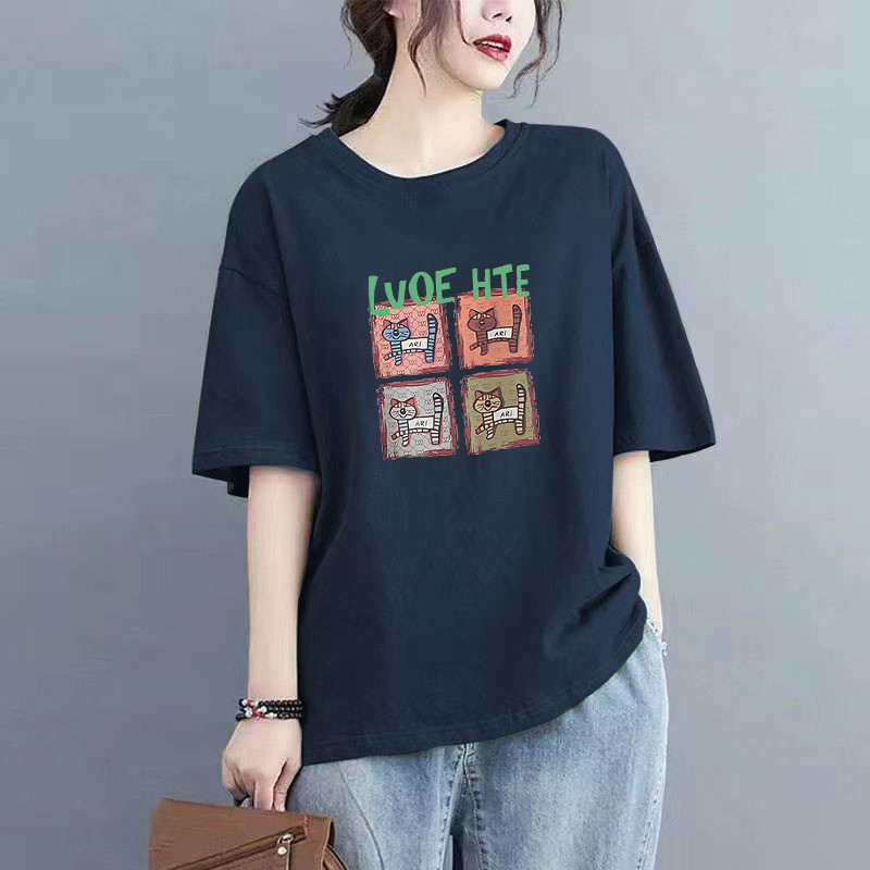 40-100KGPlus ขนาดผู้หญิงผ้าฝ้ายรอบคอพิมพ์เสื้อยืด,ลําลองขนาดใหญ่แขนสั้นSlimming Tops Tเสื้อ