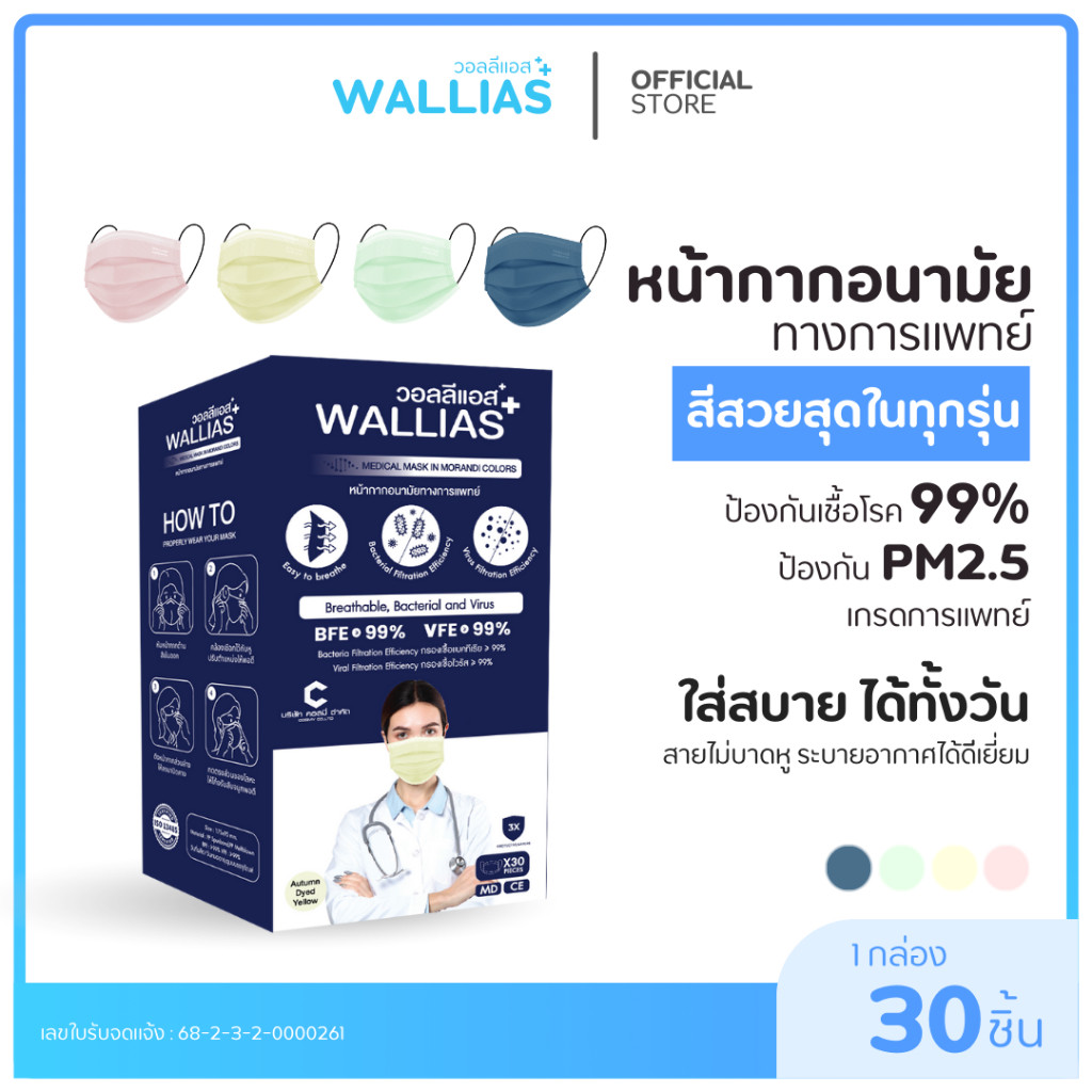Wallias Morandi หน้ากากอนามัย Medical Mask In Morandi Color สีสวย เเมสหนา 3 ชั้น กรองฝุ่น PM2.5 ได้มาตรฐาน