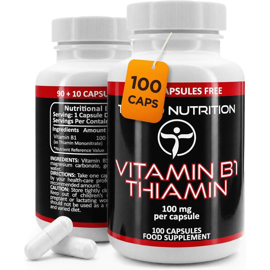 Thiamine Vitamin B1 100mg Capsules - 100 ชิ้น (3+ เดือน Supply) ของแคปซูลสลายตัวเร็ว แต่ละพร้อม Vit 