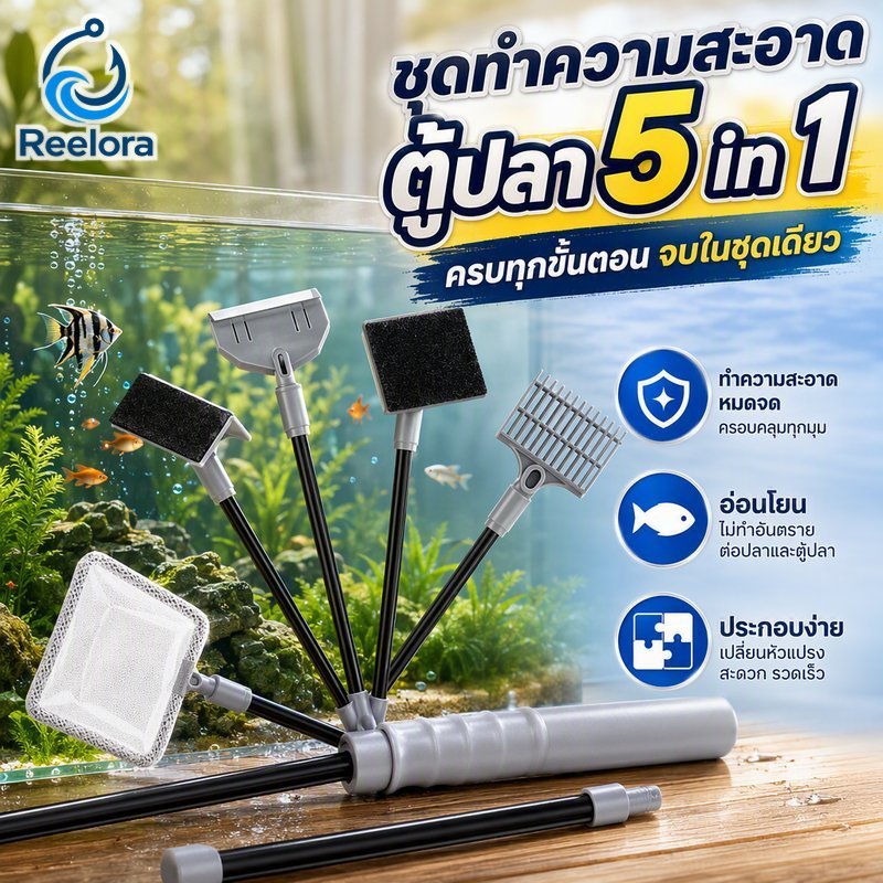 ชุดทําความสะอาดตู้ปลา 5 In 1 Algae Scraper Fish Net Gravel Rake ขยายจับทนทาน