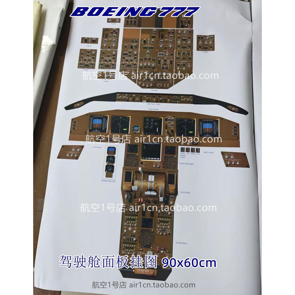 Boyin B777 แผนภูมิแผงห้องนักบินจําลองแผนภูมิห้องนักบินการฝึกอบรมแผนภูมิผนัง 90 ซม. x 60 ซม.