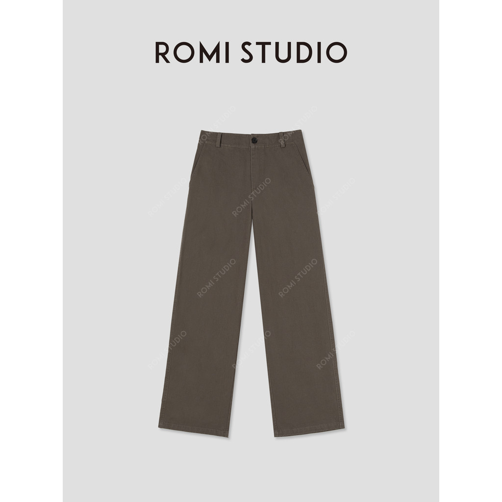 R ROMI STUDIO สไตล์ใหม่สบายๆหวีผ้าฝ้ายล้างน้ําหลวมเล็กน้อยตรงกางเกงลําลอง RW25SXG0138
