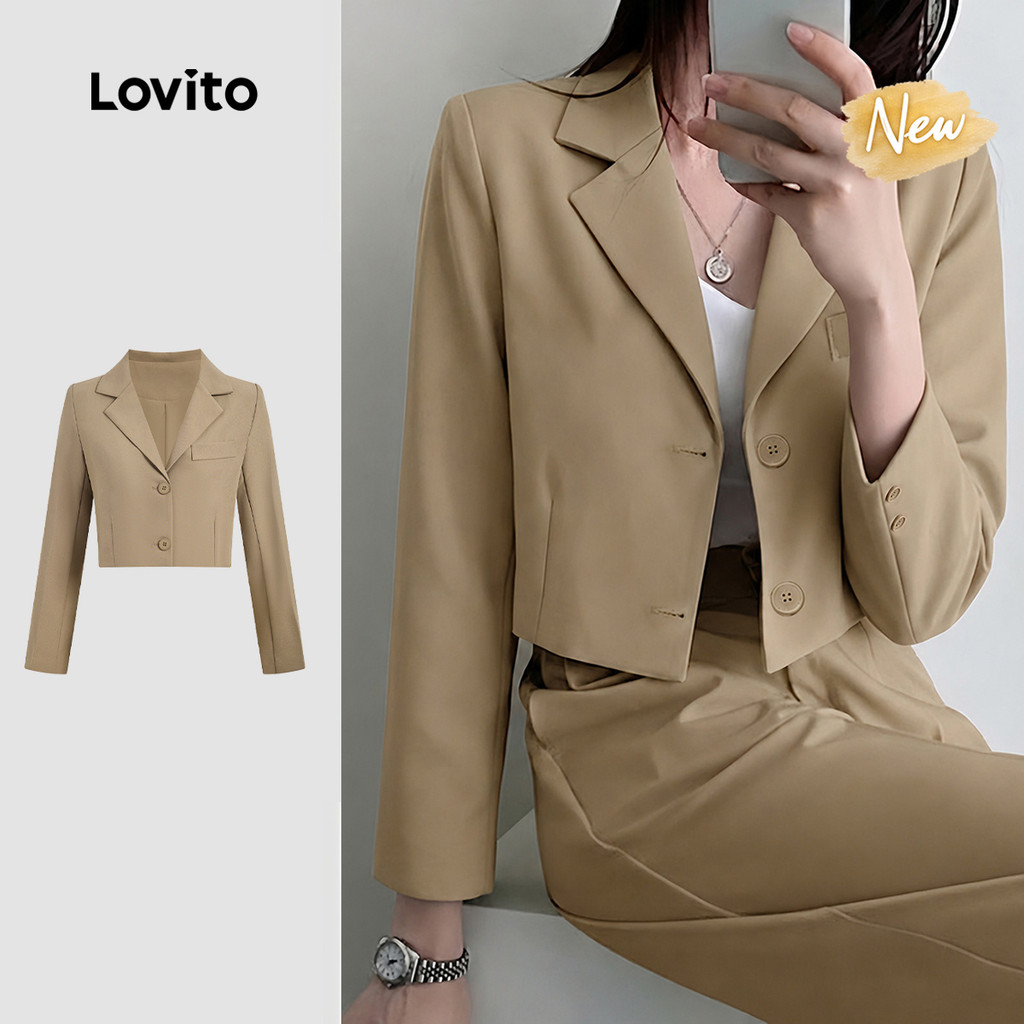 (New Arrival) Lovito เสื้อเบลเซอร์ลําลองผู้หญิงสีน้ําตาล กระดุมหน้าสําหรับฤดูใบไม้ร่วง/ฤดูหนาว LNL148129