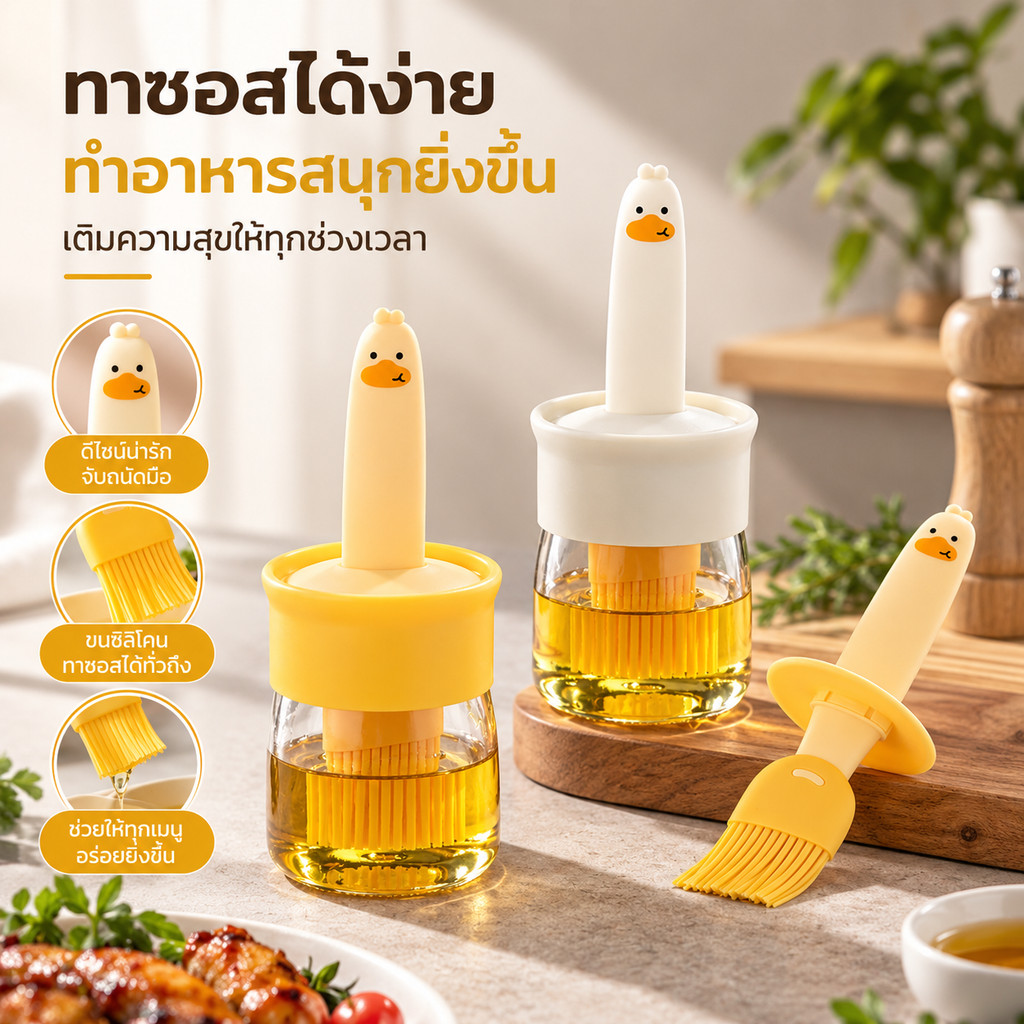 ขวดน้ำมันพร้อมแปรง 2in1 ขวดใส่เครื่องปรุง แปรงทาซอส ทาน้ำมัน ปากกว้าง ลายเป็ด S00067