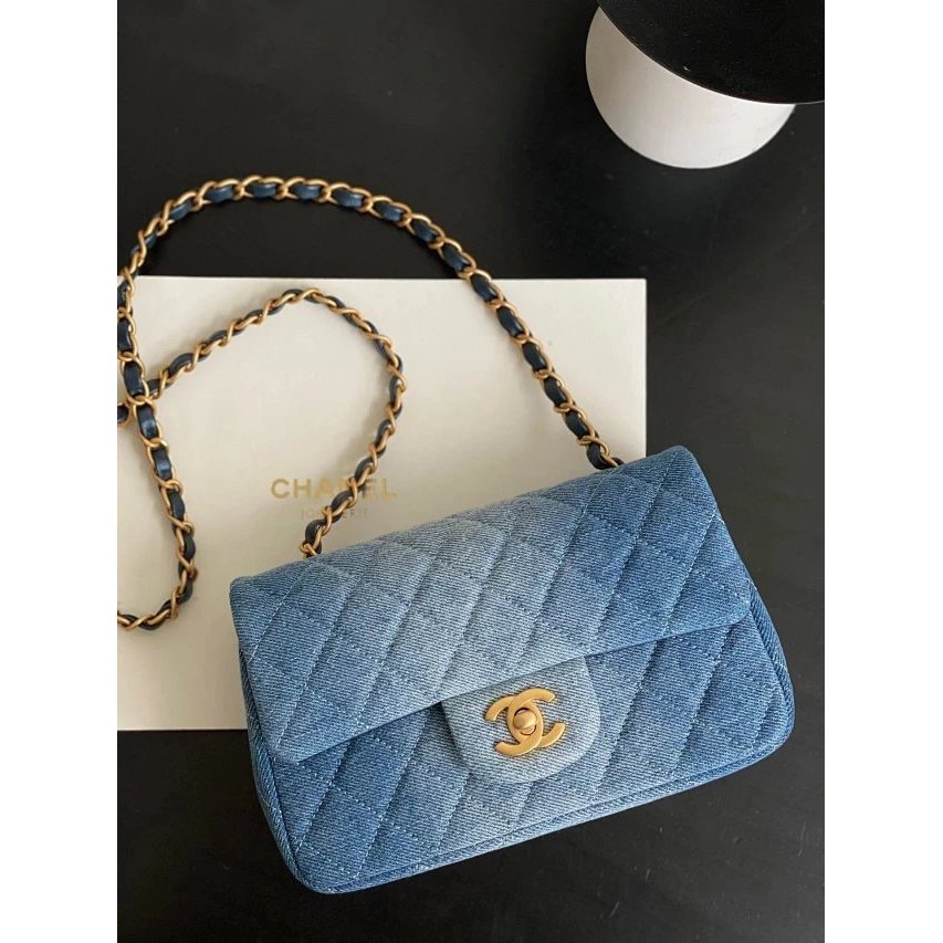 Gradient Denim Denim Denim Flap Large Chain One Shoulder Crossbody Denim