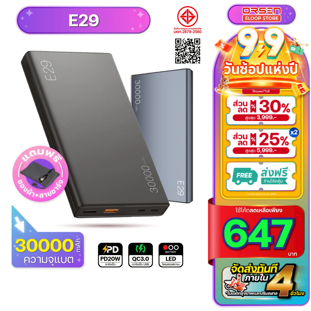 [671บ. โค้ดคุ้ม] Orsen Eloop Store E29 แบตสำรอง Power bank C18 GaN หัวชาร์จเร็ว PD สูงสุด 65W