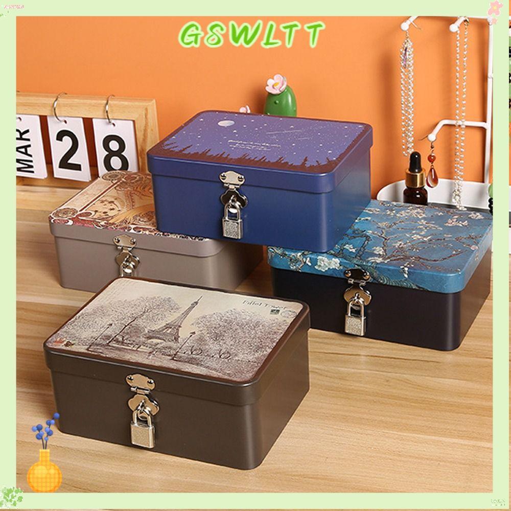 จีเอสwltt ที่เก็บข้อมูลเดสก์ท็อป ,วินเทจกล่องดีบุกในครัวเรือน,เครื่องประดับความจุขนาดใหญ่ที่มีกุญแจล็อคกล่องโลหะ