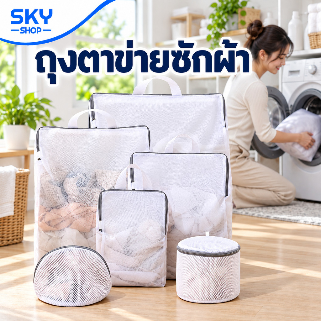 Skyถุงซักผ้า ถุงตาข่ายซักผ้า แบบมีหูหิ้ว แบบสี่เหลี่ยม สำหรับใส่เสื้อผ้า ชุดชั้นใน สำหรับซักเครื่อง ถุงตาข่ายถนอมเส