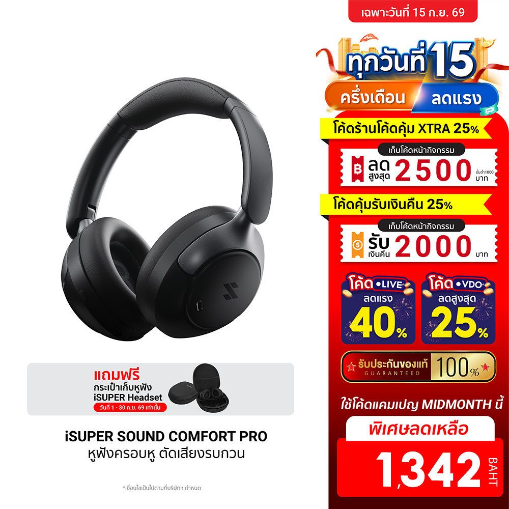 [ลดเหลือ 1342] iSUPER SOUND COMFORT PRO หูฟังครอบหู Headphone รองรับ Hi-Res Wireless LDAC ANC ใช้คู่