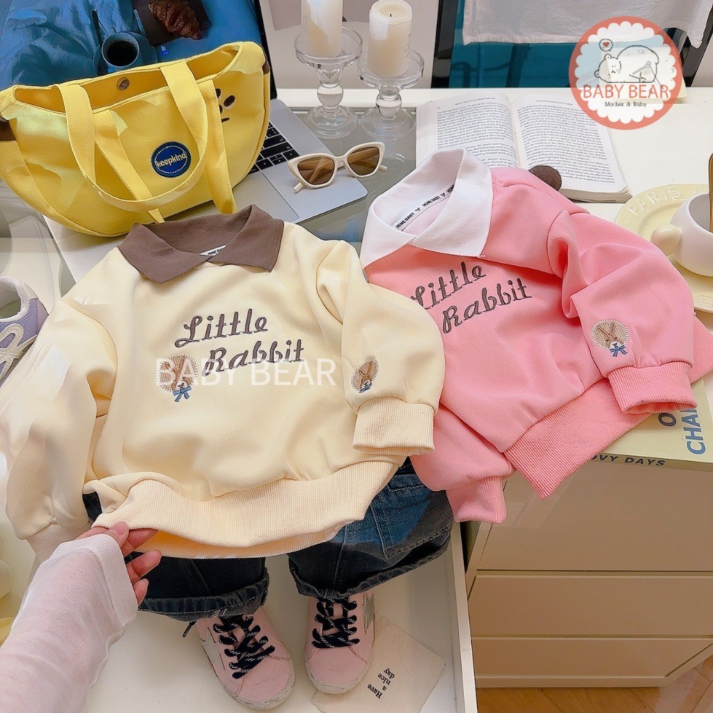 ใหม่ เสื้อแขนยาวเด็ก เสื้อกันหนาวแฟชั่นน่าหนาว คอปกแขนยาว ปักลายกระต่าย