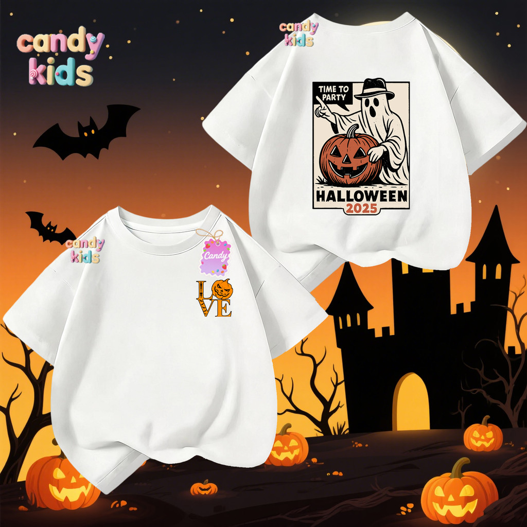 (จัดส่งตลอด 24 ชั่วโมง) Halloween เสื้อทีชฮาโลวีน เด็กๆ ยาวแขนสั้น สำหรับชายหญิง Happy Halloween #H7