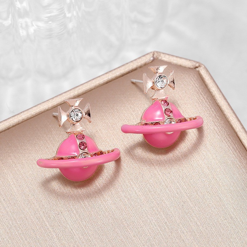 0913-YWGM-YL Vivian Planet ใหม่ Semi-3D สีชมพู Oil Drop Saturn ต่างหูแฟชั่นหวานน่ารักต่างหู 7CJ4