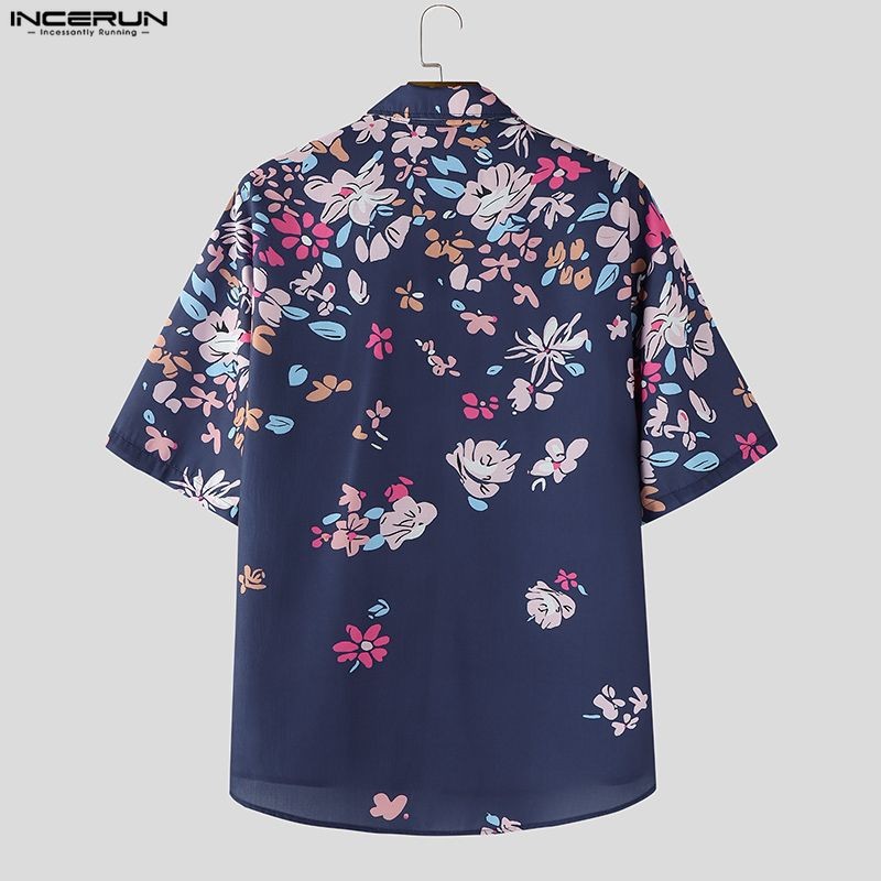 INCERUN ผู้ชายเกาหลีฮาวายสไตล์วันหยุดปกแขนสั้นพิมพ์ลายดอกไม้เสื้อเชิ้ตทรงหลวม ราคา ถูกที่สุด ดีลบีเคเค แกลเลอรีภาพที่ 8