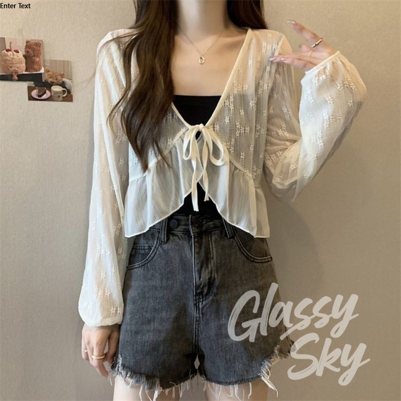Glassy Sky 💖พร้อมส่ง💖 (95141) -Cเสื้อคลุมถักไหมพรม แขนยาว ผ้าซีทรูลวดลายลูกไม้เบาบาง - รูปที่ 6