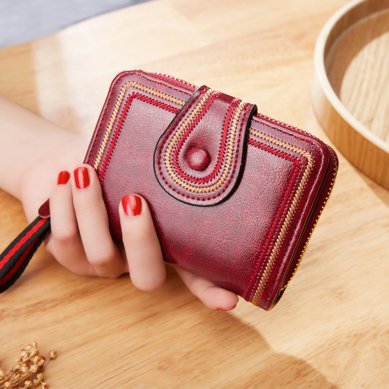 กระเป๋าสตางค์ผู้หญิง Retro Oil Wax Leather Multi-card Organ Card Holder Zipper Short Ladies wallet Z